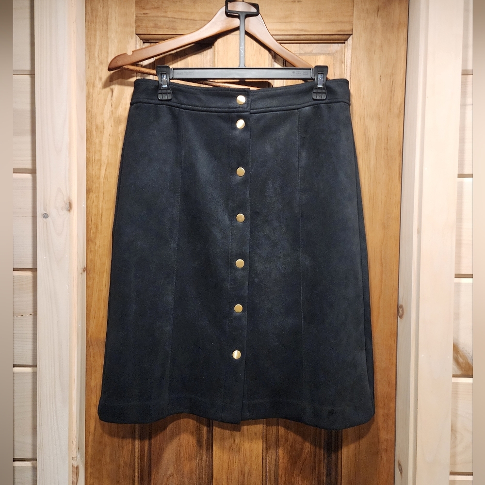 Loft Black Button-Front A-Line Faux Suede Skirt